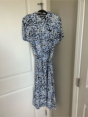 Talbots Floral Print Short-Sleeve Shirt Dress - Blue/Black/White